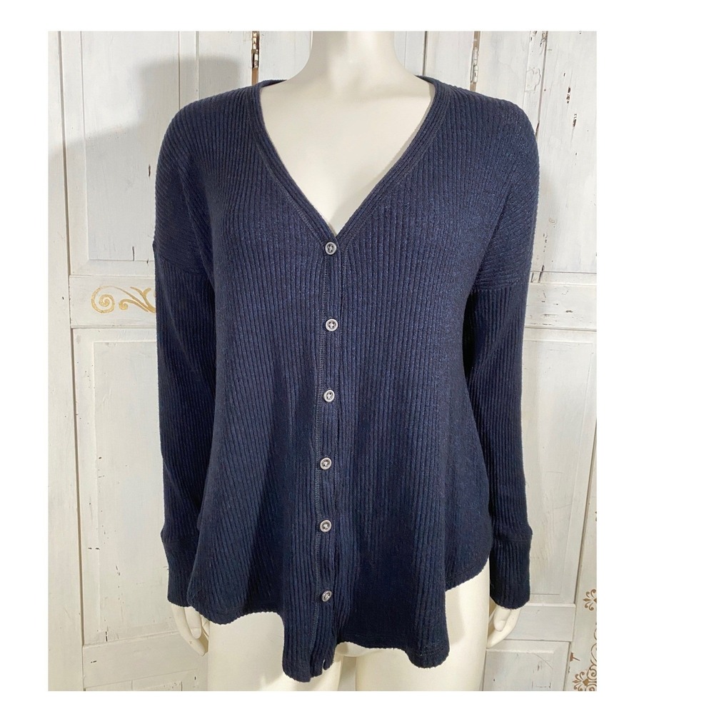 VTG Abercrombie & Fitch Soft Cozy Ribbed Knit Henley Navy Stretch Small